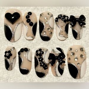 Handmade press on nails black white pink and rhinestones